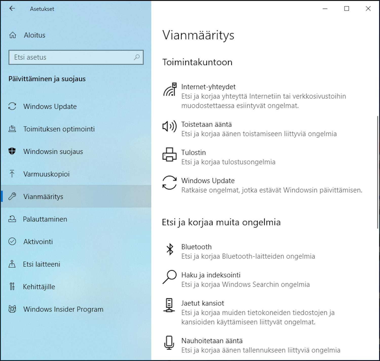 Windows 10:n vianmääritys